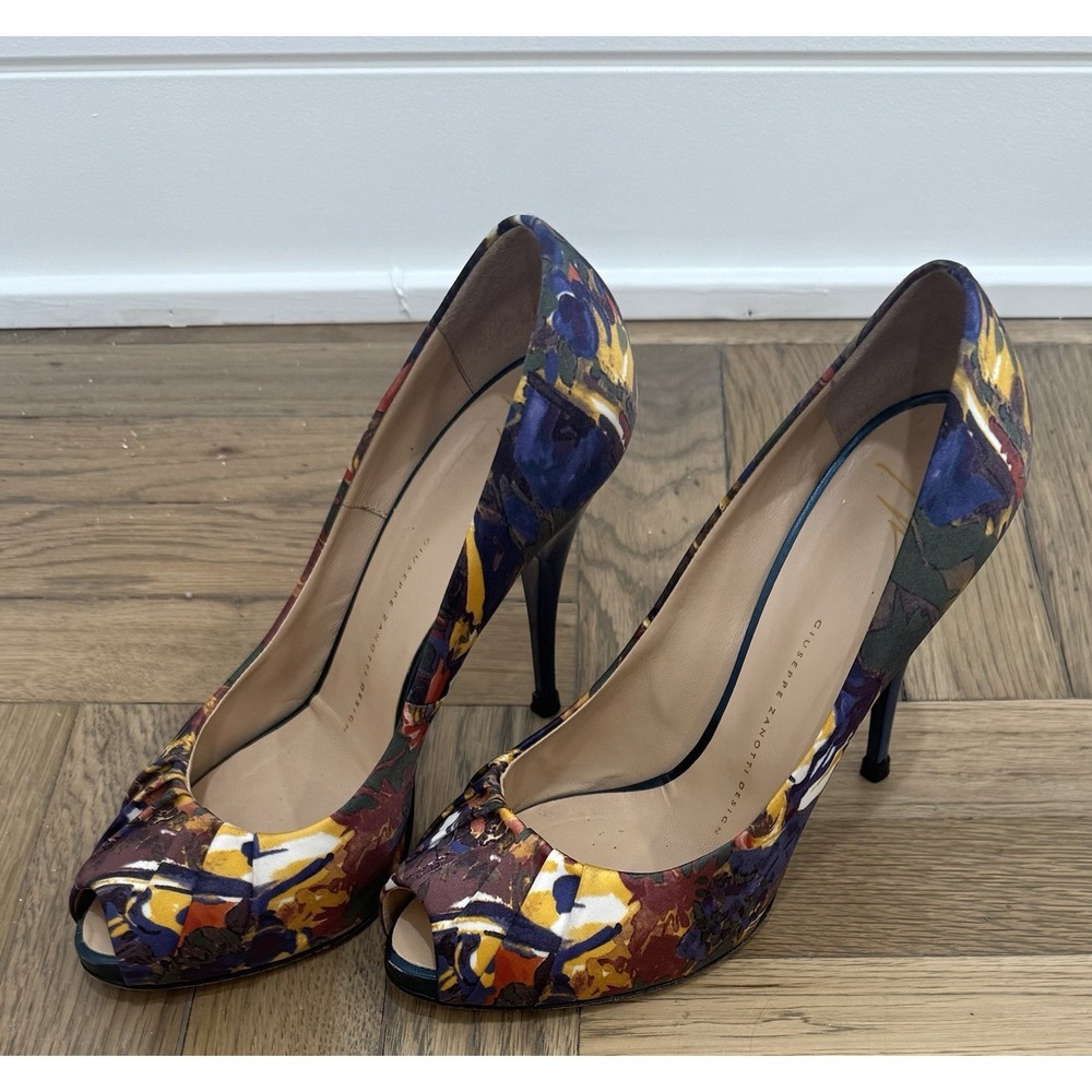 Giuseppe Zanotti Floral Silk Peep Toe Blue‎ Heels Pumps Size 9
